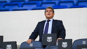 BARCELONA, SPAIN - SEPTEMBER 09: FC Barcelona president Joan laporta looks on as Luuk de Jong is presented as a Barcelona player at Camp Nou Stadium at Camp Nou on September 09, 2021 in Barcelona, Spain. (Photo by David Ramos/Getty Images)