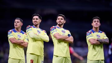 Diego Valdes celebrates his goal 1-0 with Richard Sanchez, Henry Martin and Alejandro Zendejas of America during the quarterfinals second  leg match between America (MEX) and New England Revolution  as part of the CONCACAF Champions Cup 2024, at Azteca Stadium on April 09, 2024 in Mexico City, Mexico.