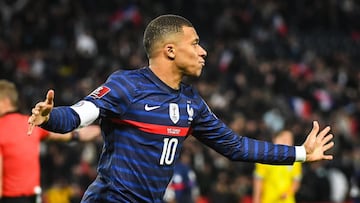 13 November 2021, France, Paris: France's Kylian Mbappe celebrates scoring a goal during the 2022 FIFA World Cup European qualifiers Group E soccer match between France and Kazakhstan at Parc des Princes stadium. Photo: Matthieu Mirville/ZUMA Press W