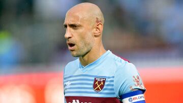 NEWPORT, WALES - AUGUST 27: Pablo Zabaleta of West Ham United wears the captains armband during the Carabao Cup Second Round match between Newport County and West Ham United at Rodney Parade on August 27, 2019 in Newport, United Kingdom. (Photo by Arfa Griffiths/West Ham United FC via Getty Images)