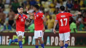 Soccer Football - World Cup - South American Qualifiers - Brazil v Chile - Estadio Maracana, Rio de Janeiro, Brazil - March 24, 2022 Chile's Joaquin Montecinos celebrates a goal by Arturo Vidal that is later disallowed REUTERS/Ricardo Moraes