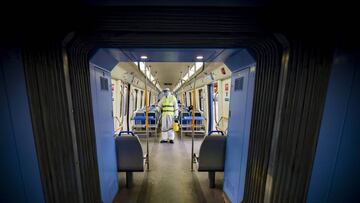 BUENOS AIRES, ARGENTINA - JUNE 26:   A worker disinfects a wagon at Constitucion Train Station during government-ordered coronavirus lockdown on June 26, 2020 in Buenos Aires, Argentina. Argentina remains on lockdown to halt spread of coronavirus since Ma