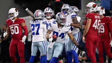 Nov 3, 2025; Arlington, Texas, USA; Dallas Cowboys defensive end Marshawn Kneeland (94) celebrates after recovering a blocked punt for a touchdown against the Arizona Cardinals in the first half at AT&T Stadium. Mandatory Credit: Jerome Miron-Imagn Images