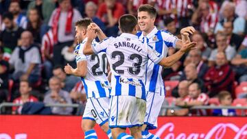 Sangalli celebra un gol anotado en el derbi vasco ante el Athletic Club.