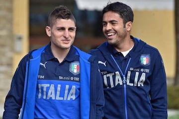 Verratti (left) jokes with Italy teammate Eder.