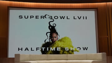 Feb 9, 2023; Phoenix, AZ, USA; A Rihanna display before the Halftime Show Press Conference at Phoenix Convention Center. Mandatory Credit: Kirby Lee-USA TODAY Sports