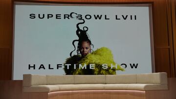 Feb 9, 2023; Phoenix, AZ, USA; A Rihanna display before the Halftime Show Press Conference at Phoenix Convention Center. Mandatory Credit: Kirby Lee-USA TODAY Sports