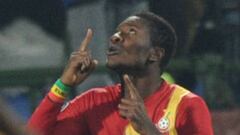 Ghana&#039;s striker Asamoah Gyan celebrates after scoring Ghana&#039;s second goal during the 2010 World Cup round of 16 football match USA vs. Ghana on June 26, 2010 at Royal Bafokeng stadium in Rustenburg.NO PUSH TO MOBILE / MOBILE USE SOLELY WITHIN ED