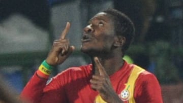 Ghana&#039;s striker Asamoah Gyan celebrates after scoring Ghana&#039;s second goal during the 2010 World Cup round of 16 football match USA vs. Ghana on June 26, 2010 at Royal Bafokeng stadium in Rustenburg.NO PUSH TO MOBILE / MOBILE USE SOLELY WITHIN ED