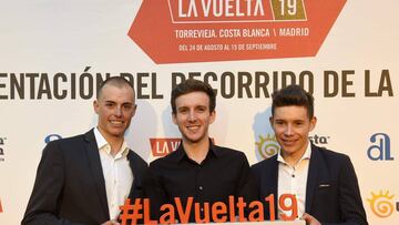 Cyclists Enric Mas (L) from Spain, Briton Simon Yates and Spaniard Miguel Angel Lopez pose during the presentation of the 74h La Vuelta cycling tour of Spain 2019, in Alicante on December 19, 2018. (Photo by JOSE JORDAN / AFP)
