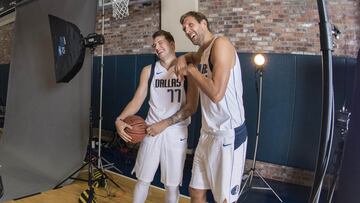 Sep 21, 2018; Dallas, TX, USA; Dallas Mavericks guard Luka Doncic (77) and forward Dirk Nowitzki (41) pose for a photo during the Dallas Mavericks media day at American Airlines Center. Mandatory Credit: Jerome Miron-USA TODAY Sports