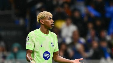 Barcelona's Spanish forward #19 Lamine Yamal reacts during the UEFA Champions League semi-final second leg football match between Inter Milan and FC Barcelona at the San Siro stadium in Milan on May 6, 2025. (Photo by Marco BERTORELLO / AFP)