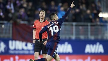 Eibar, northern Spain, Friday, February, 15, 2019. Charles Dias celebrates second goal during the Spanish La Liga soccer match between S.D Eibar and Getafe C.F at Ipurua stadium.