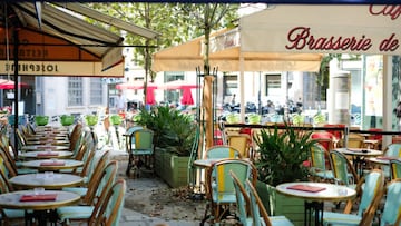 In Paris, a deserted cafe terrace in the middle of a summer afternoon, an effect of the heat wave that is beating down on France, on july 19, 2022. (Photo by Vincent Koebel/NurPhoto via Getty Images)