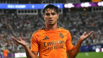 Real Madrid's Spanish forward #21 Brahim Diaz celebrates scoing his team's second goal during the pre-season club friendly football match between Real Madrid and Chelsea at Bank of America Stadium in Charlotte, North Carolina, August 6, 2024. (Photo by Peter Zay / AFP)