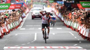 Team UAE Emirates' Spanish rider Marc Soler crosses the finish line in first place during the 5th stage of the 2022 La Vuelta cycling tour of Spain, a 187.2 km race from Irun to Bilbao, on August 24, 2022. (Photo by ANDER GILLENEA / AFP) (Photo by ANDER GILLENEA/AFP via Getty Images)