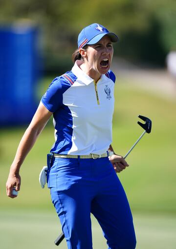 Europe's Carlota Ciganda celebrates winning her Foursomes match with Emily Pedersen (not pictured) during day two of the 2023 Solheim Cup at Finca Cortesin, Malaga. Picture date: Saturday September 23, 2023. (Photo by John Walton/PA Images via Getty Images)