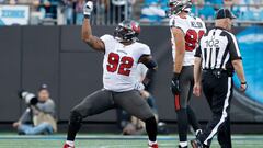 CHARLOTTE, NORTH CAROLINA - DECEMBER 26: William Gholston #92 of the Tampa Bay Buccaneers reacts after a sack during the fourth quarter in the game against the Carolina Panthers at Bank of America Stadium on December 26, 2021 in Charlotte, North Carolina.