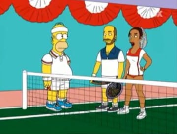 Homer se las prometía muy felices al ver como era el único Simpson sobre la pista. Pero en ese momento Venus aparece con su sustituto, Andre Agassi. 