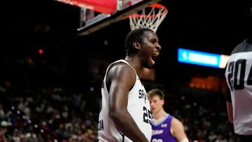 Jul 14, 2025; Las Vegas, NV, USA; San Antonio Spurs forward David Jones-Garcia (25) reacts after scoring against the Utah Jazz during overtime in a NBA basketball game at the Thomas & Mack Center. Mandatory Credit: Lucas Peltier-Imagn Images