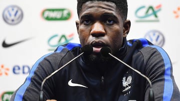 France&#039;s defender Samuel Umtiti gives a press conference in Clairefontaine-en-Yvelines, near Paris, on November 8, 2016