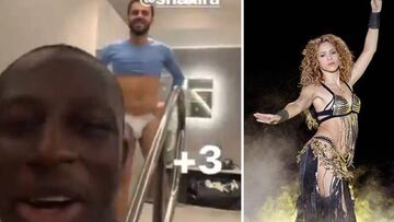 Imágenes de Benjamin Mendy con Bernardo Silva de fondo bailando la danza del vientre tras la victoria del City ante el Burnley en 2018/2019 y de Shakira bailando en un concierto