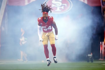 Oct 8, 2023; Santa Clara, California, USA; San Francisco 49ers linebacker Fred Warner (54) reacts during player introductions before the game against the Dallas Cowboys at Levi's Stadium. Mandatory Credit: Darren Yamashita-USA TODAY Sports