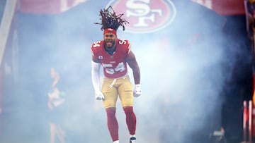 Oct 8, 2023; Santa Clara, California, USA; San Francisco 49ers linebacker Fred Warner (54) reacts during player introductions before the game against the Dallas Cowboys at Levi's Stadium. Mandatory Credit: Darren Yamashita-USA TODAY Sports