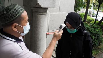 Taipei (Taiwan), 30/10/2020.- A Moslem (R) gets her temperature taken before attending Friday prayer at Taipei Grand Mosque in Taipei, Taiwan, 30 October 2020. On 29 October, Taiwan marked the 200th consecutiive day for having no domestic Covid-19 infecti