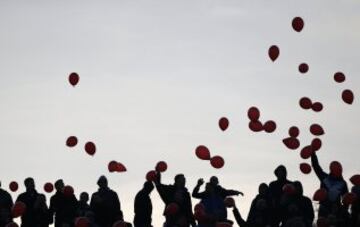 Red Star soccer fans cheer during a Serbian National soccer league derby match between Partizan and Red Star, in Belgrade, Serbia, Saturday, Feb. 27, 2016. Red Star won 1-2. (AP Photo/Darko Vojinovic)