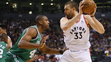 Feb 26, 2019; Toronto, Ontario, CAN; Toronto Raptors center Marc Gasol (33) keeps the ball away from Boston Celtics center Al Horford (42) during the first half at Scotiabank Arena. Mandatory Credit: John E. Sokolowski-USA TODAY Sports