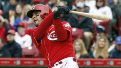 Apr 22, 2017; Cincinnati, OH, USA; Cincinnati Reds third baseman Eugenio Suarez hits a solo home run against the Chicago Cubs during the first inning at Great American Ball Park. Mandatory Credit: David Kohl-USA TODAY Sports