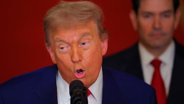 El presidente de Estados Unidos, Donald Trump, pronuncia un discurso a la nación junto al secretario de Estado, Marco Rubio, en la Casa Blanca, Washington D. C., EE. UU., el 21 de junio de 2025, tras los ataques estadounidenses contra las instalaciones nucleares de Irán.