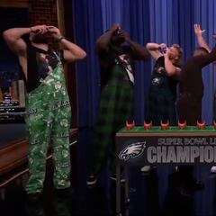Jalen Hurts, Saquon Barkley, and Eagles o-line go wild, Shotgun Beers on Jimmy Fallon’s The Tonight Show