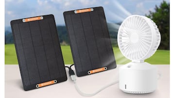 Cargador solar para ventiladores peque?os y otros dispositivos que puedes encontrar en Amazon.