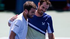 MASON, OHIO - AUGUST 17: Cameron Norrie of Great Britain embraces Andy Murray of Great Britain after beating him in the second round  of the men's singles at the Lindner Family Tennis Center on August 17, 2022 in Mason, Ohio. (Photo by Frey/TPN/Getty Images)