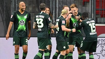 LEVERKUSEN, GERMANY - MAY 26: Marin Pongracic of Wolfsburg celebrates after scoring his sides fourth goal during the Bundesliga match between Bayer 04 Leverkusen and VfL Wolfsburg at BayArena on May 26, 2020 in Leverkusen, Germany. (Photo by Marius Becker