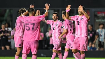 Inter Miami's Argentine forward #10 Lionel Messi celebrates his team's fifth goal during the Major League Soccer match between Inter Miami CF and Columbus Crew at Chase Stadium in Fort Lauderdale, Florida, on May 31, 2025. (Photo by CHANDAN KHANNA / AFP)