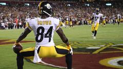 Sep 12, 2016; Landover, MD, USA; Pittsburgh Steelers wide receiver Antonio Brown (84) does a celebration dance in the end zone after scoring a touchdown against the Washington Redskins in the third quarter at FedEx Field. The Steelers won 38-16. Mandatory Credit: Geoff Burke-USA TODAY Sports