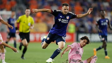 Aug 23, 2023; Cincinnati, OH, USA; Inter Miami midfielder David Ruiz (41) tackles the ball away from FC Cincinnati defender Santiago Arias (13) in overtime at TQL Stadium. Mandatory Credit: Katie Stratman-USA TODAY Sports