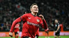 Leverkusen's German forward Florian Wirtz celebrates scoring during the UEFA Europa League Group Quarter final First Leg football match between Bayer Leverkusen and Union St-Gilloise in Leverkusen, on April 13, 2023. (Photo by INA FASSBENDER / AFP)