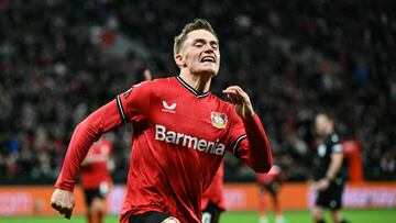 Leverkusen's German forward Florian Wirtz celebrates scoring during the UEFA Europa League Group Quarter final First Leg football match between Bayer Leverkusen and Union St-Gilloise in Leverkusen, on April 13, 2023. (Photo by INA FASSBENDER / AFP)