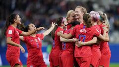 USA&#039;s players celebrate after scoring a goal  during the France 2019 Women&#039;s World Cup Group F football match between USA and Thailand, on June 11, 2019, at the Auguste-Delaune Stadium in Reims, eastern France. (Photo by Lionel BONAVENTURE / AFP