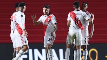 Soccer Football - Copa Libertadores - Round of 16 - Second leg - Argentinos Juniors v River Plate - Estadio Diego Armando Maradona, Buenos Aires, Argentina - July 21, 2021 River Plate&#039;s Gonzalo Montiel with teammates celebrate after the match Pool via REUTERS/Marcelo Endelli