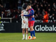 ALBACETE, SPAIN - FEBRUARY 03: Agustin Medina of Albacete Balompie embraces with Gerard Martin of FC Barcelona following the Copa Del Rey Quarter Final match between Albacete Balompie and FC Barcelona at Estadio Carlos Belmonte on February 03, 2026 in Albacete, Spain. (Photo by Angel Martinez/Getty Images)