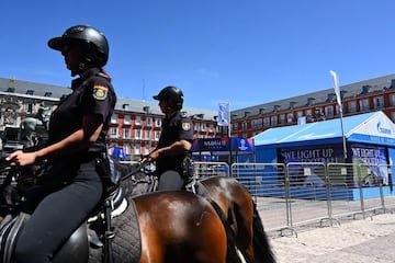 Mounted police patrol Plaza Mayor in Madrid on May 29, 2019 as stands are set up ahead of the UEFA Champions League final football match between Liverpool and Tottenham Hotspur on June 1.