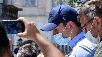Manchester United captain Harry Maguire leaves a courthouse on the Greek island of Syros. Maguire was released from Greek police custody pending a hearing on assault charges on the neighbouring island of Mykonos.