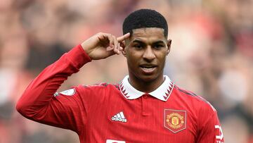 Manchester (United Kingdom), 19/02/2023.- Manchester United's Marcus Rashford celebrates after scoring during the English Premier League soccer match between Manchester United and Leicester City in Manchester, Britain, 19 February 2023. (Reino Unido) EFE/EPA/Peter Powell EDITORIAL USE ONLY. No use with unauthorized audio, video, data, fixture lists, club/league logos or 'live' services. Online in-match use limited to 120 images, no video emulation. No use in betting, games or single club/league/player publications
