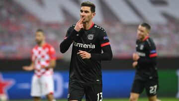 LEVERKUSEN, GERMANY - NOVEMBER 26: Lucas Alario of Bayer 04 Leverkusen celebrates after scoring their sides fourth goal during the UEFA Europa League Group C stage match between Bayer 04 Leverkusen and Hapoel Be'er Sheva at BayArena on November 26,