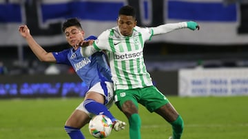 Billy Arce of Atletico Nacional and Daniel Ruiz of Millonarios F.C. fight for the ball in a match on Matchday 2 of Group B, Quadrangular Semifinals, as part of the BetPlay DIMAYOR I 2025 League at the Nemesio Camacho El Campin stadium in Bogota, Colombia. (Photo by Daniel Garzon Herazo/NurPhoto via Getty Images)
